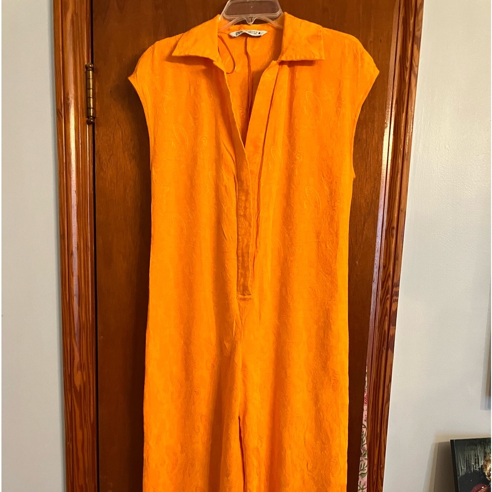 Zara orange silk cropped jumpsuit small
